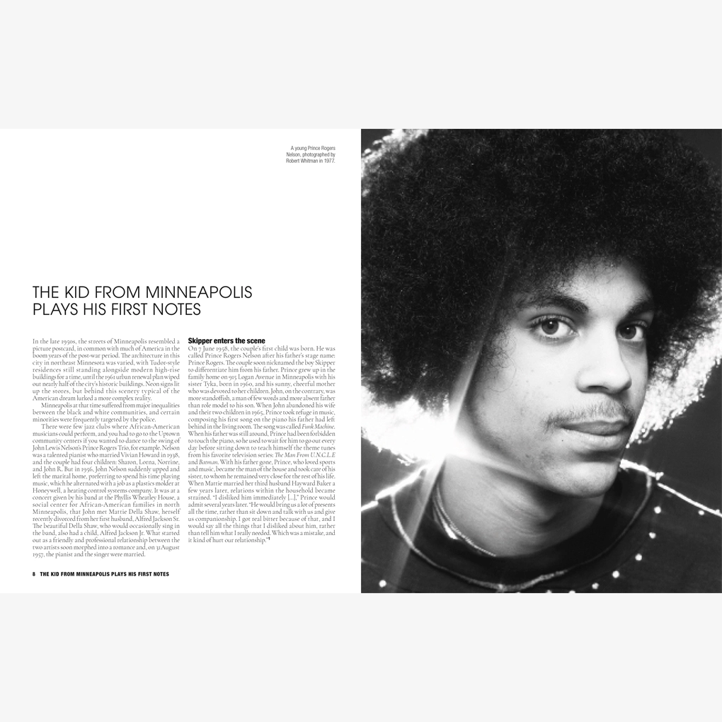 An interior spread, with photography of Prince